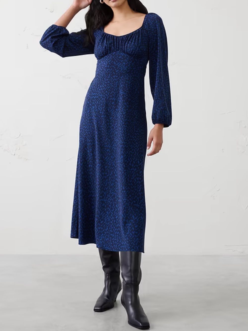 Banana Republic Shirred Bodice Midi Dress Blue Geo Petite 10 NWT